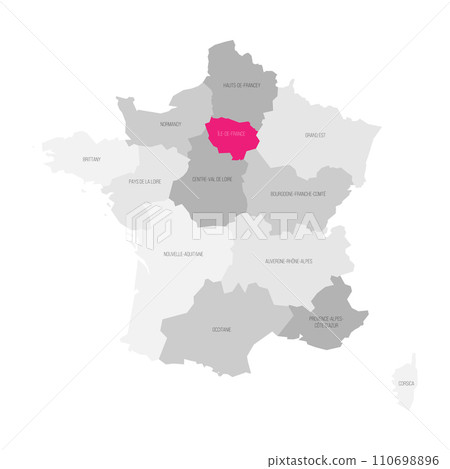 Ile-de-France - map of administrative division, region, pink highlighted in map of France Ile-de-France - map of administrative division, region, pink highlighted in map of France 110698896