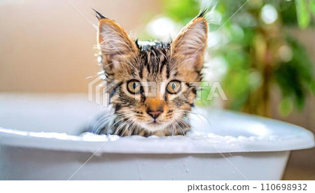 confused kitten being washed, 16:9 widescreen backdrop / wallpaper 110698932