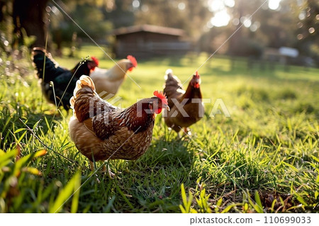 Chickens in the grass on the farm. 110699033