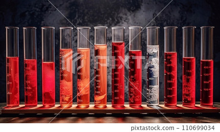 Chemical test tubes with red liquid Chemical test tubes with red liquid 110699034