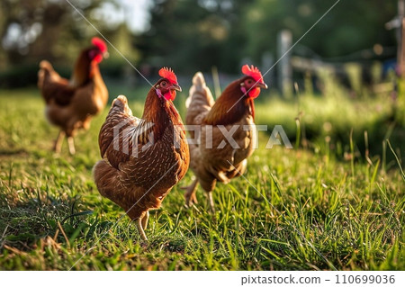 Chickens in the grass on the farm. Chickens in the grass on the farm. 110699036