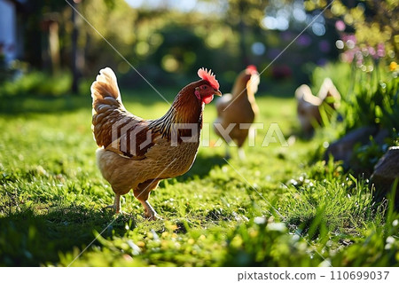 Free range chicken on green grass. Free range chicken on green grass. 110699037