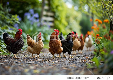 Chickens in the garden on a sunny summer day.  110699042