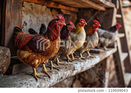 chickens on the farm in the village in the countryside. 110699043