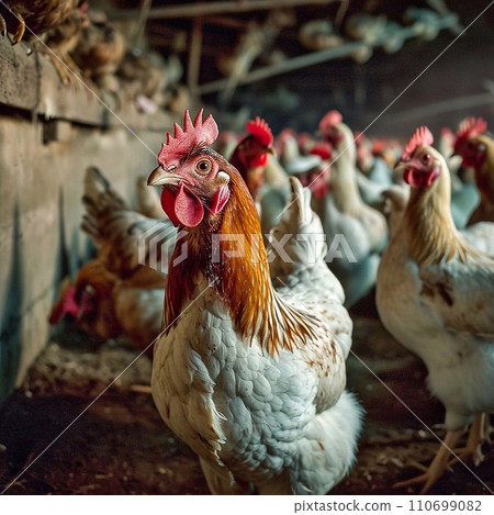 Chickens in the henhouse on the farm.  110699082