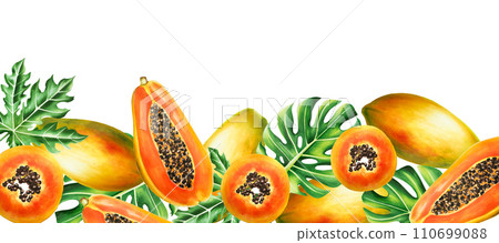 Marker frame, banner, template border with sweet ripe slice of papaya with grains, tropical leafs, monstera in watercolor style. Hand drawn realistic tasty organic illustration of exotic tropical 110699088