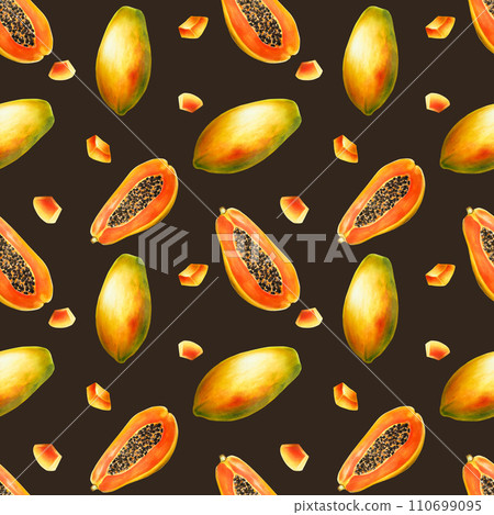 Watercolor sweet ripe seamless pattern with half a papaya and grains. Hand drawn realistic tasty organic illustration of exotic tropical fruit isolated on background. For designers, wedding Watercolor sweet ripe seamless pattern with half a papaya and grains. Hand drawn realistic tasty organic illustration of exotic tropical fruit isolated on background. For designers, wedding 110699095