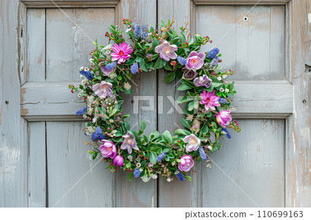 Spring flower wreath hanging on a house wooden door. Fresh wild flowers and home decoration. Generative AI 110699163