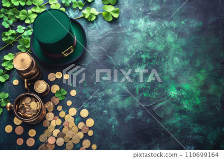 St. Patrick's Day background with leprechaun hat, pot of gold coins and clover leaves. Generative AI 110699164