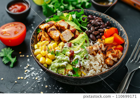 Mexican chicken burrito bowl with beans, tomato, avocado, corn and lettuce. Generative AI Mexican chicken burrito bowl with beans, tomato, avocado, corn and lettuce. Generative AI 110699171