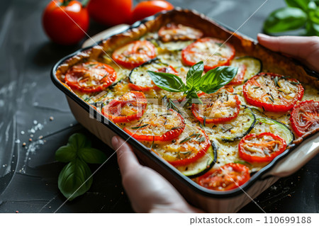 Zucchini and tomatoes gratin with bechamel sauce and cheese. Generative AI 110699188