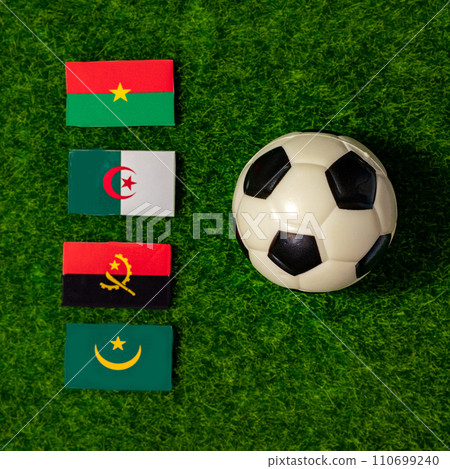 Flags of the teams participating in Group D of the 2024 African Cup of Nations. Burkina Faso, Algeria, Angola, Mauritania. Flags of the teams participating in Group D of the 2024 African Cup of Nations. Burkina Faso, Algeria, Angola, Mauritania. 110699240