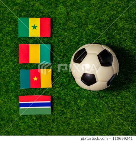 Flags of the teams participating in Group C of the 2024 African Cup of Nations. Senegal, Guinea, Cameroon, Gambia. Flags of the teams participating in Group C of the 2024 African Cup of Nations. Senegal, Guinea, Cameroon, Gambia. 110699241