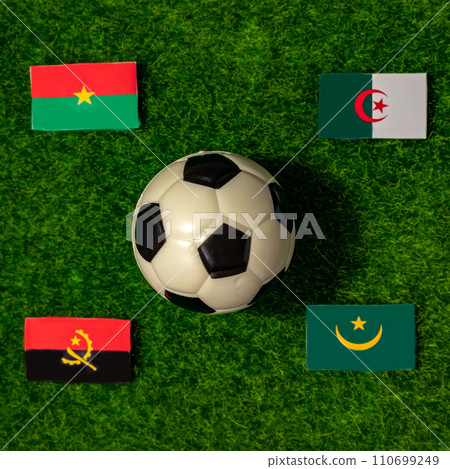Flags of the teams participating in Group D of the 2024 African Cup of Nations. Burkina Faso, Algeria, Angola, Mauritania. Flags of the teams participating in Group D of the 2024 African Cup of Nations. Burkina Faso, Algeria, Angola, Mauritania. 110699249