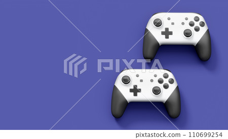 Realistic white video game joysticks or gamepads on violet background 110699254