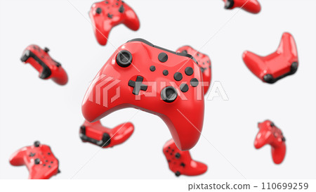 Realistic video game joysticks or gamepads rotating and falling on white Realistic video game joysticks or gamepads rotating and falling on white 110699259