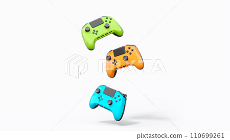 Realistic colorful video game joysticks or gamepads with color buttons on white Realistic colorful video game joysticks or gamepads with color buttons on white 110699261