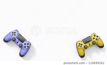 Realistic colorful video game joysticks or gamepads with color buttons on white Realistic colorful video game joysticks or gamepads with color buttons on white 110699262