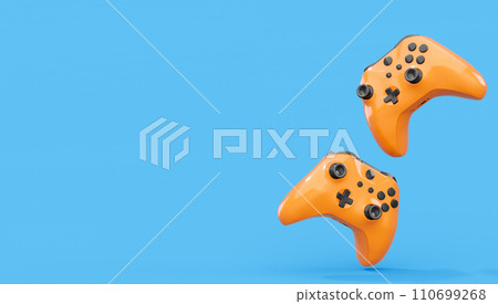 Realistic blue yellow video game joysticks or gamepads on blue background Realistic blue yellow video game joysticks or gamepads on blue background 110699268