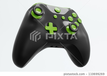 Realistic black video game joystick or gamepad with color buttons on white Realistic black video game joystick or gamepad with color buttons on white 110699269