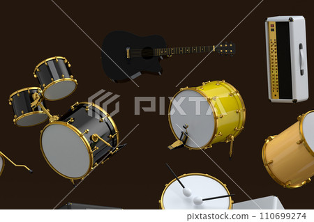 Many of flying acoustic guitars, drums, cymbal or drumset and amplifier on black Many of flying acoustic guitars, drums, cymbal or drumset and amplifier on black 110699274