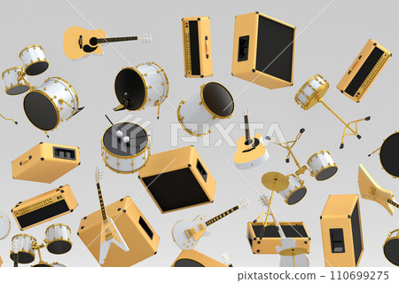 Many of flying acoustic guitars, drums, cymbal or drumset and amplifier on white Many of flying acoustic guitars, drums, cymbal or drumset and amplifier on white 110699275