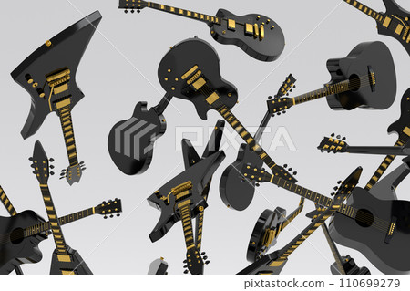 Many of flying acoustic guitars isolated on white background. 110699279