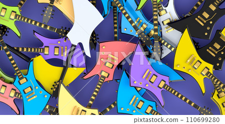 Heap of electric guitars isolated on violet background. 110699280