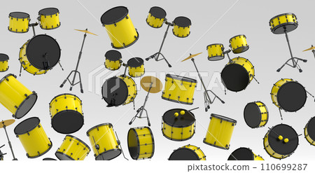 Many of flying drums with metal cymbals or drumset on white background Many of flying drums with metal cymbals or drumset on white background 110699287