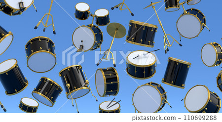 Many of flying drums with metal cymbals or drumset on blue background Many of flying drums with metal cymbals or drumset on blue background 110699288
