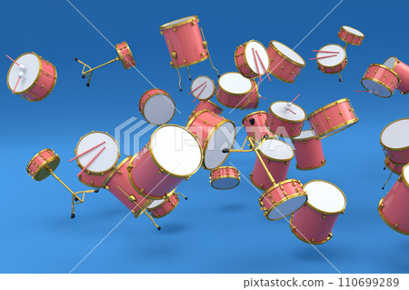 Many of flying drums or drumset on blue background Many of flying drums or drumset on blue background 110699289