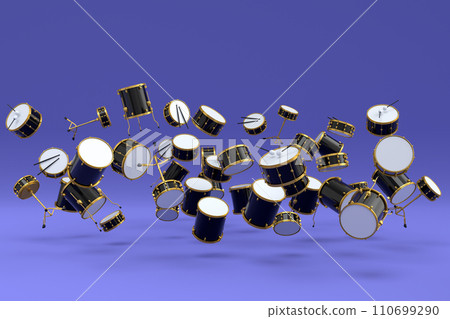 Many of flying drums or drumset on violet background Many of flying drums or drumset on violet background 110699290