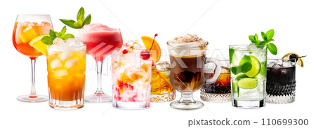 Set and collection of classic alcohol cocktails or mocktail isolated on white background with fresh summer fruits 110699300