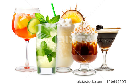 Set and collection of classic alcohol cocktails or mocktail isolated on white background with fresh summer fruits Set and collection of classic alcohol cocktails or mocktail isolated on white background with fresh summer fruits 110699305