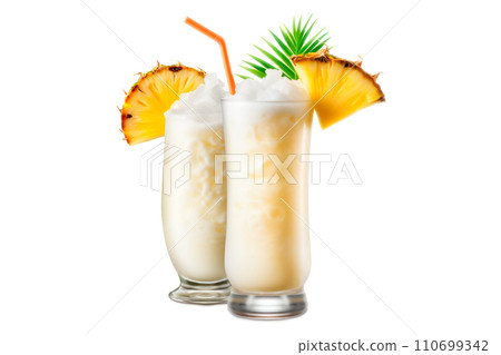 Set of Pina Colada cocktails with pineapple, coconut and creamy white top 110699342