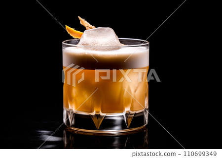Maple Whiskey Sour cocktail garnished with a lemon in rocks glass on white background 110699349