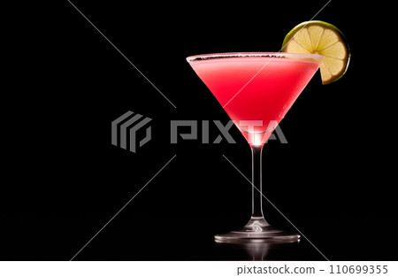 Frozen strawberry daiquiri garnished with slice of lime on a black background. Classic Hemingway cocktail 110699355