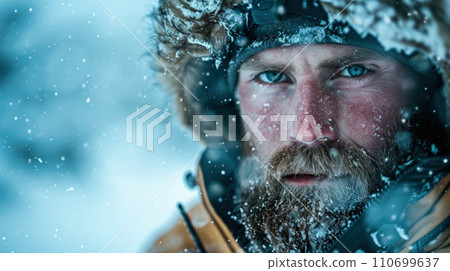 Face of man climber during storm, portrait of bearded hiker with snow on blurred background in winter. Concept of cold, ice, eyes, sport, climbing, frozen people, nature, travel 110699637