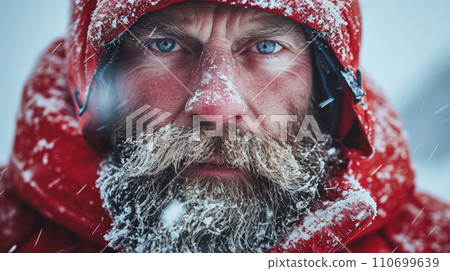 Face of man hiker during storm, portrait of bearded climber with snow on blurred background in winter. Concept of cold, ice, eyes, sport, climbing, frozen people, travel and frost 110699639