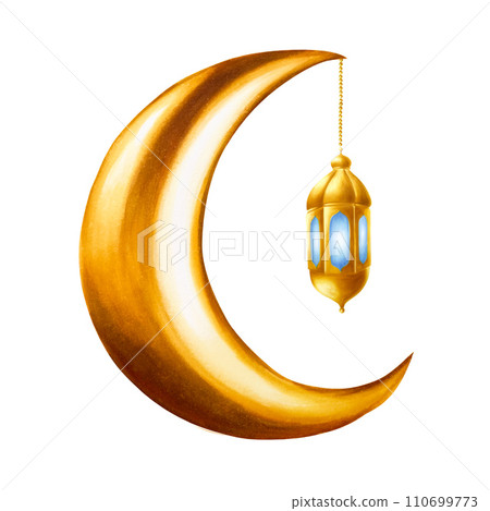 Watercolor illustration of Islamic arabian golden crescent moon with lantern in a chain isolated on white background. Muslim hand drawn holiday Ramadan Kareem or Eid Al Adha 2024. For designers, 110699773
