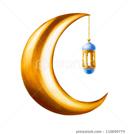 Watercolor illustration of Islamic arabian golden crescent moon with lantern in a chain isolated on white background. Muslim hand drawn holiday Ramadan Kareem or Eid Al Adha 2024. For designers, Watercolor illustration of Islamic arabian golden crescent moon with lantern in a chain isolated on white background. Muslim hand drawn holiday Ramadan Kareem or Eid Al Adha 2024. For designers, 110699774