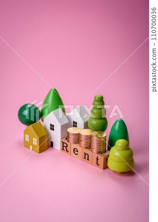 Small wooden house and the inscription for rent. Concept for sale, rental of real estate for a family Small wooden house and the inscription for rent. Concept for sale, rental of real estate for a family 110700036