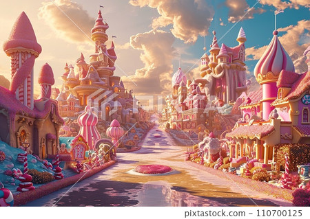 A magical castle at sunrise, buildings are made of candy and streets are paved with gold 110700125