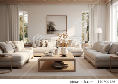 Living room adorned in the Scandinavian style. Plush, cozy furniture with clean lines, creating a welcoming and comfortable space for relaxation 110700126