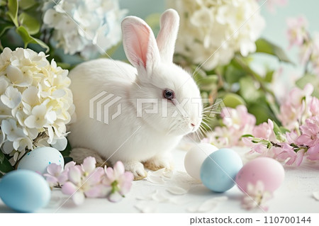 White Bunny surrounded by pastel colored eggs and blooming hydrangeas White Bunny surrounded by pastel colored eggs and blooming hydrangeas 110700144