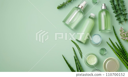 Aloe vera skincare flat lay, bottles and jars on a calming sea green surface with aloe leaves 110700152