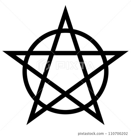 Pentagram circumscribed by a circle. Five-pointed star sign. Magical symbol of faith. Simple flat black illustration. 110700202