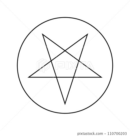Inverted pentagram circumscribed by a circle. Five-pointed star sign. Magical symbol of Satanism. Simple flat black illustration. 110700203