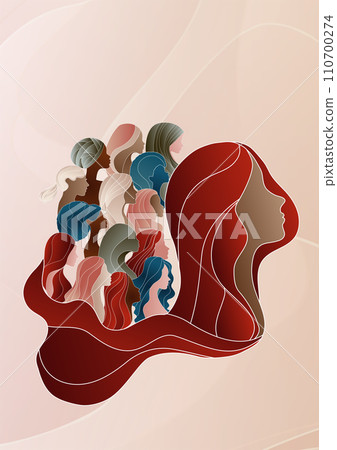 Group silhouette of multicultural women. International women s day. Diversity - inclusion - equality or empowerment concept. Anti racism or stop discrimination. Poster copy space 110700274