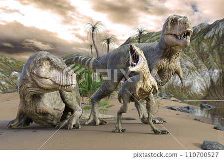 Tyrannosaurus family and child are coming to the drinking fountain 110700527